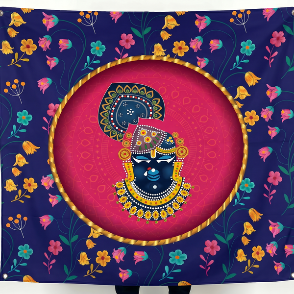 Shrinathji Floral Wall Tapestry | Modern Krishna Mandala Satin Polyester Wall Hanging for Home Temple & Living Room