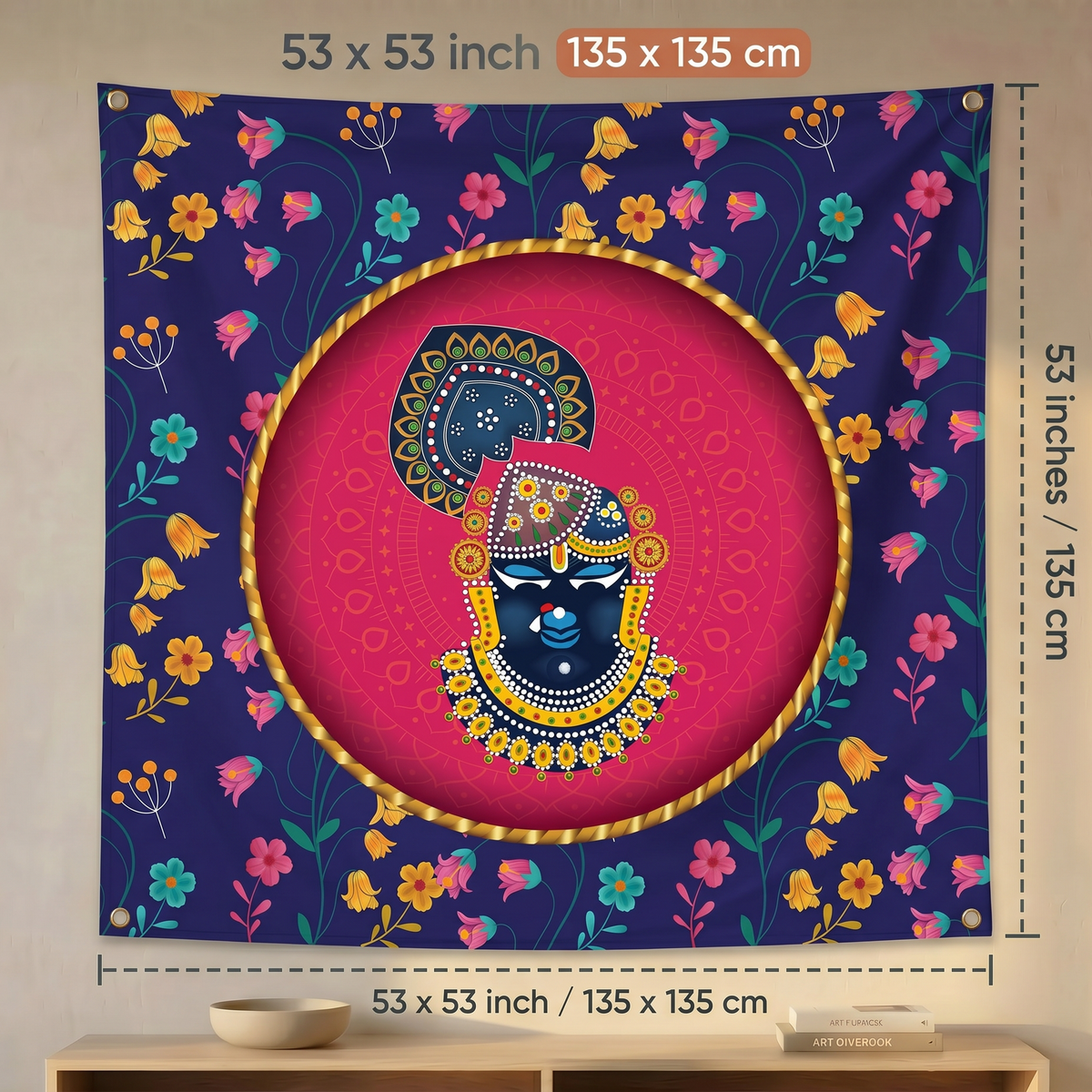Shrinathji Floral Wall Tapestry | Modern Krishna Mandala Satin Polyester Wall Hanging for Home Temple & Living Room
