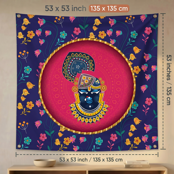 Shrinathji Floral Wall Tapestry | Modern Krishna Mandala Satin Polyester Wall Hanging for Home Temple & Living Room