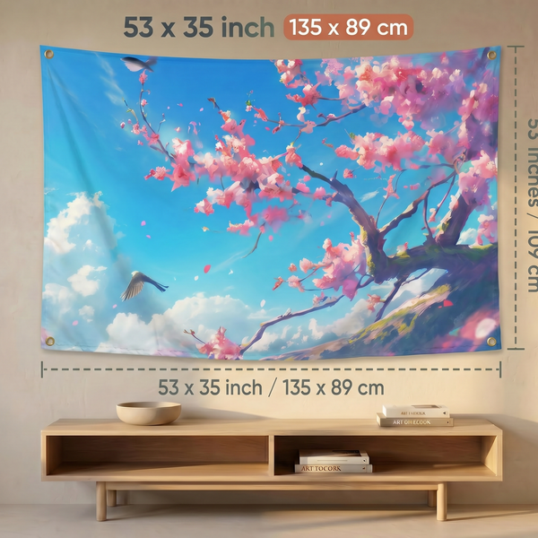 Cherry Blossom Wall Tapestry | Pink Sakura Tree Landscape Wall Hanging | Premium Polyester Nature Room Decor