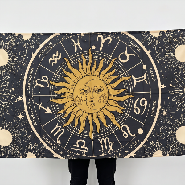 Celestial Zodiac Wall Tapestry | Sun Moon Astrology Wall Hanging | Premium Polyester Boho Room Decor