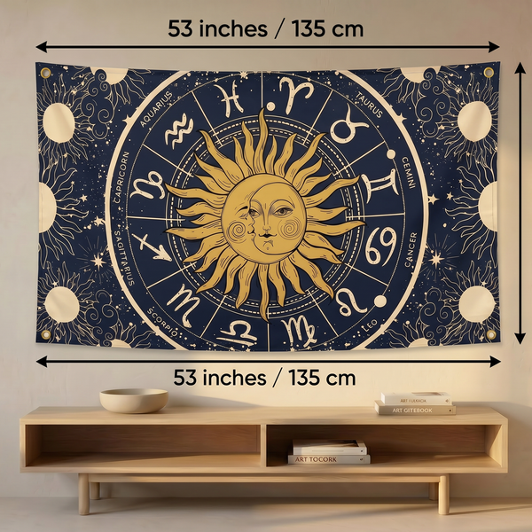 Celestial Zodiac Wall Tapestry | Sun Moon Astrology Wall Hanging | Premium Polyester Boho Room Decor