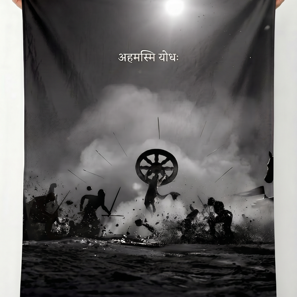 Mahabharata Warrior Wall Tapestry | Dharma Yuddha Sanskrit Art | Premium Polyester Mythology Wall Hanging