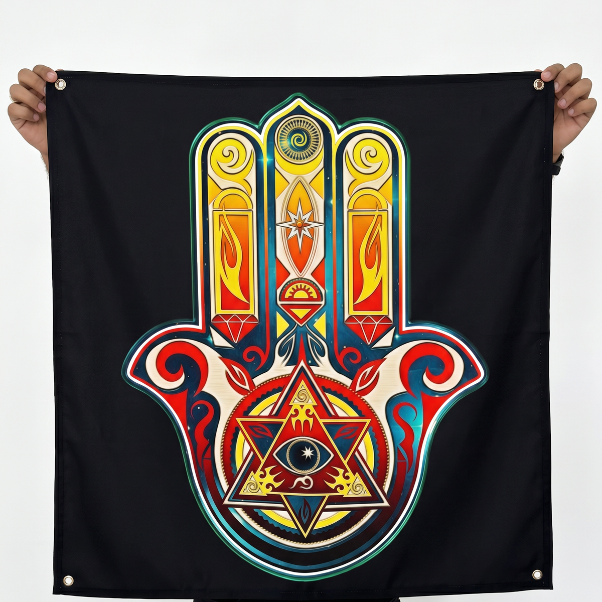 Hamsa Hand Wall Tapestry | Evil Eye Protection Satin Wall Hanging | Bohemian Spiritual Wall Decor
