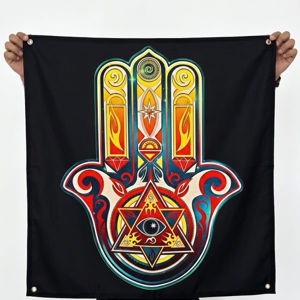 Hamsa Hand Wall Tapestry | Evil Eye Protection Satin Wall Hanging | Bohemian Spiritual Wall Decor