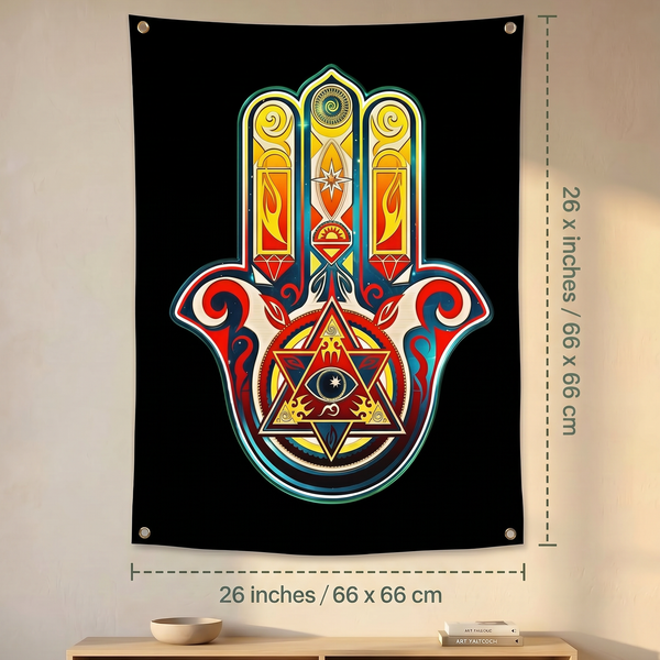 Hamsa Hand Wall Tapestry | Evil Eye Protection Satin Wall Hanging | Bohemian Spiritual Wall Decor