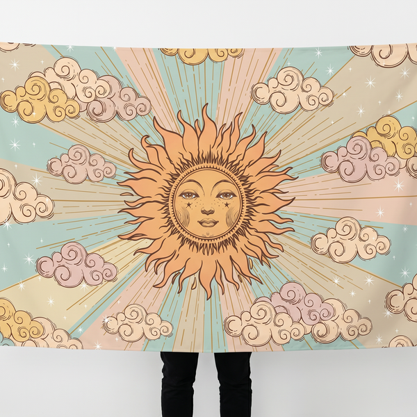 Celestial Sun & Clouds Wall Tapestry | Boho Sun Face Wall Hanging | Premium Polyester Aesthetic Room Decor