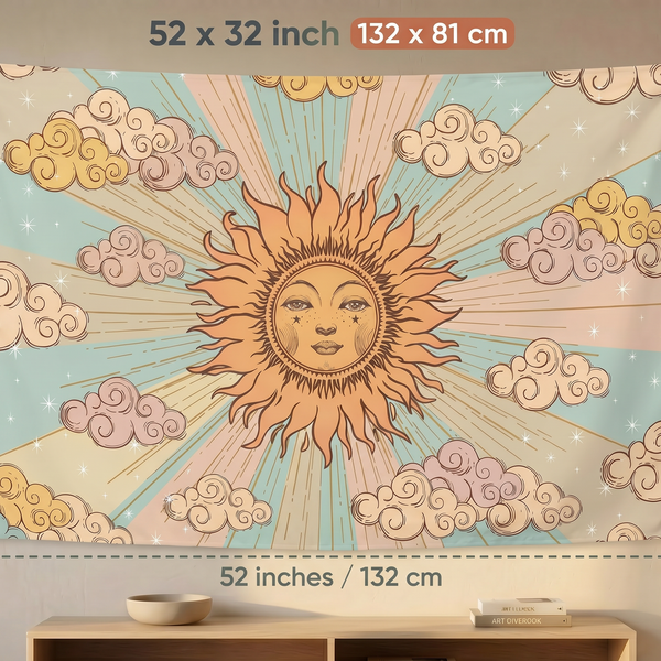 Celestial Sun & Clouds Wall Tapestry | Boho Sun Face Wall Hanging | Premium Polyester Aesthetic Room Decor