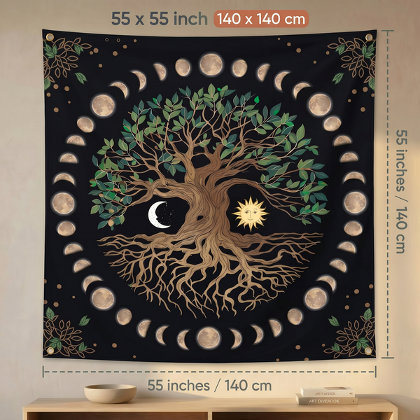 Tree of Life Moon Phase Wall Tapestry | Celestial Boho Wall Hanging | Premium Polyester Spiritual Room Decor
