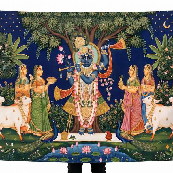 Lord Krishna Wall Tapestry | Shri Krishna Vrindavan Satin Wall Hanging | Premium HD Hindu Spiritual Wall Decor