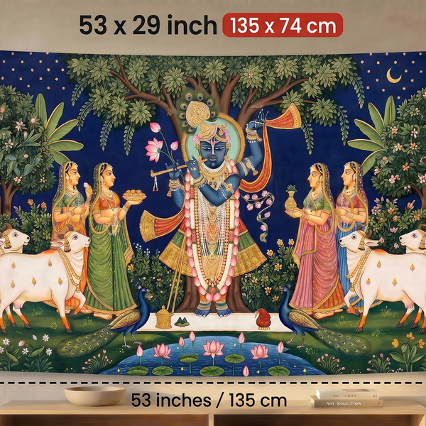 Lord Krishna Wall Tapestry | Shri Krishna Vrindavan Satin Wall Hanging | Premium HD Hindu Spiritual Wall Decor