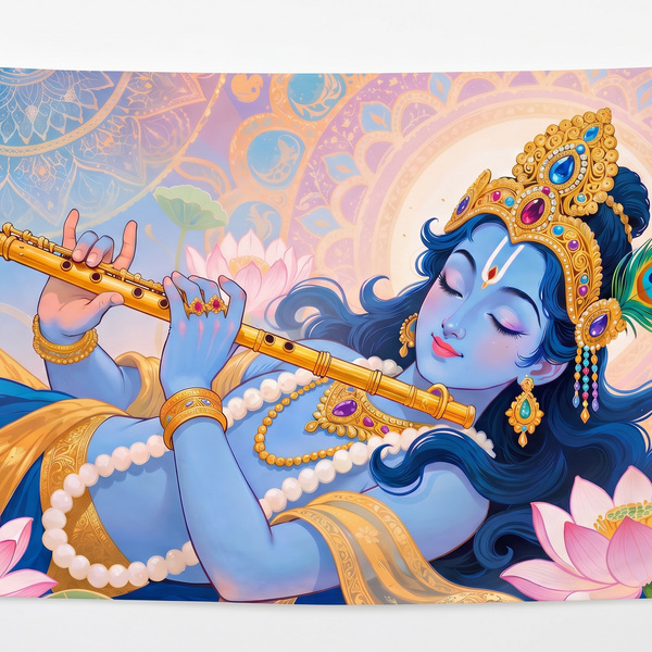 Lord Krishna Wall Tapestry | Krishna Playing Flute Satin Wall Hanging | HD Hindu Spiritual Wall Decor