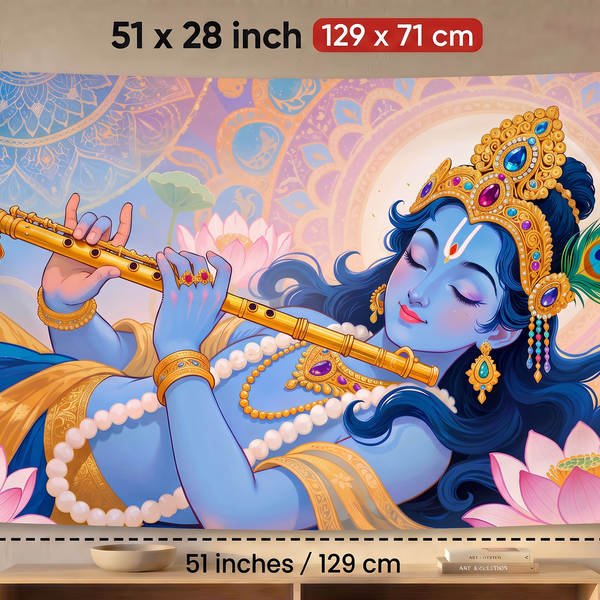 Lord Krishna Wall Tapestry | Krishna Playing Flute Satin Wall Hanging | HD Hindu Spiritual Wall Decor