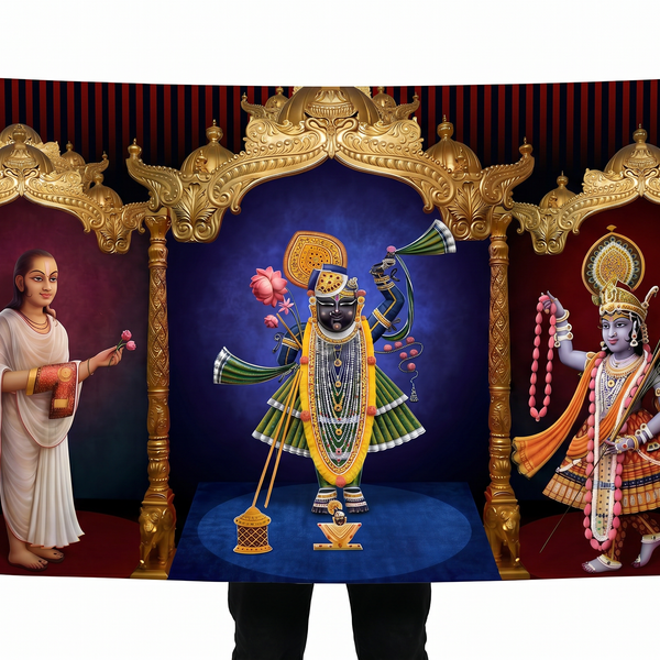 Shreenathji Wall Tapestry | Nathdwara Shrinathji HD Satin Wall Hanging | Hindu Devotional Home Decor