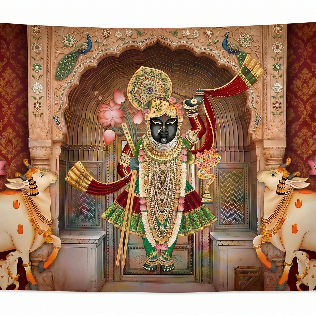 Shreenathji Nathdwara Wall Tapestry | Shrinathji HD Satin Wall Hanging | Hindu Temple Home Decor