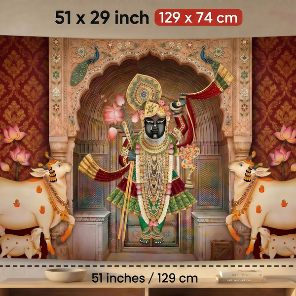 Shreenathji Nathdwara Wall Tapestry | Shrinathji HD Satin Wall Hanging | Hindu Temple Home Decor